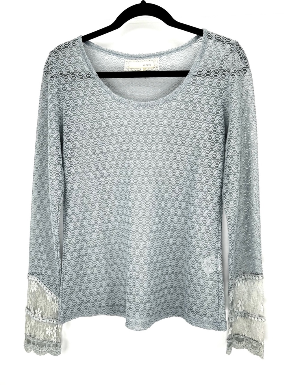 Anthropologie Pale Blue Lace Long-Sleeve Scoop Neck Top